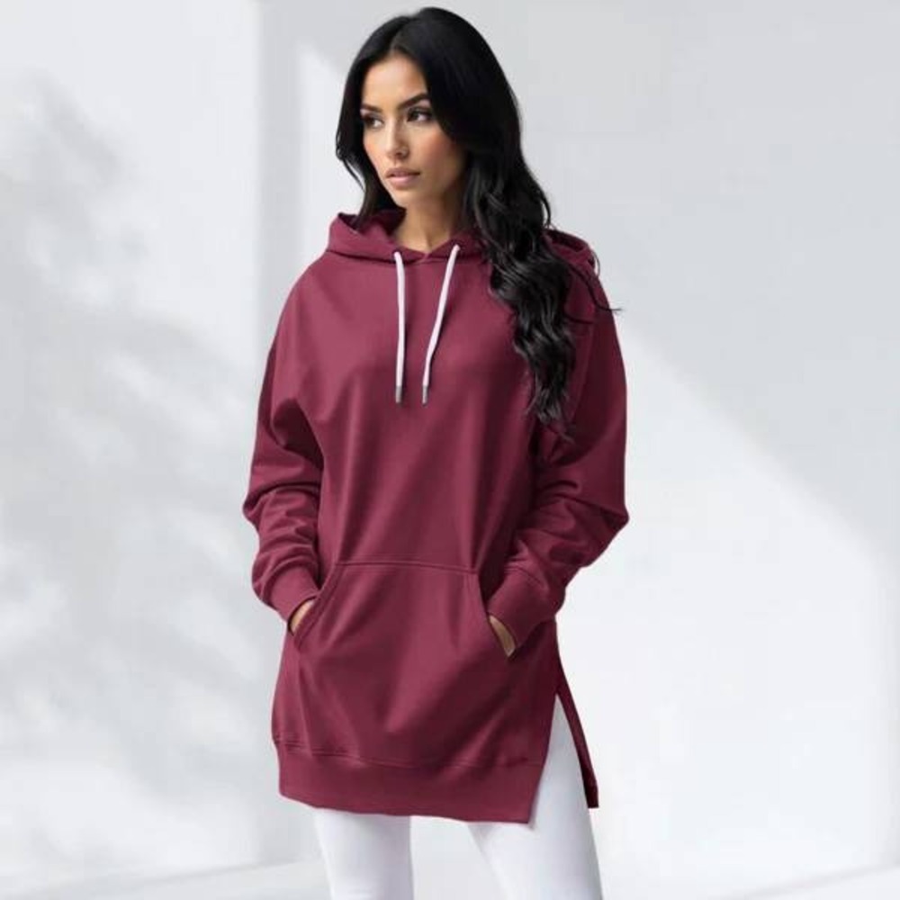 The Warmy Burgundy Fleece Lined Oversized Hoodie Pullover Mens L Maroon Longline